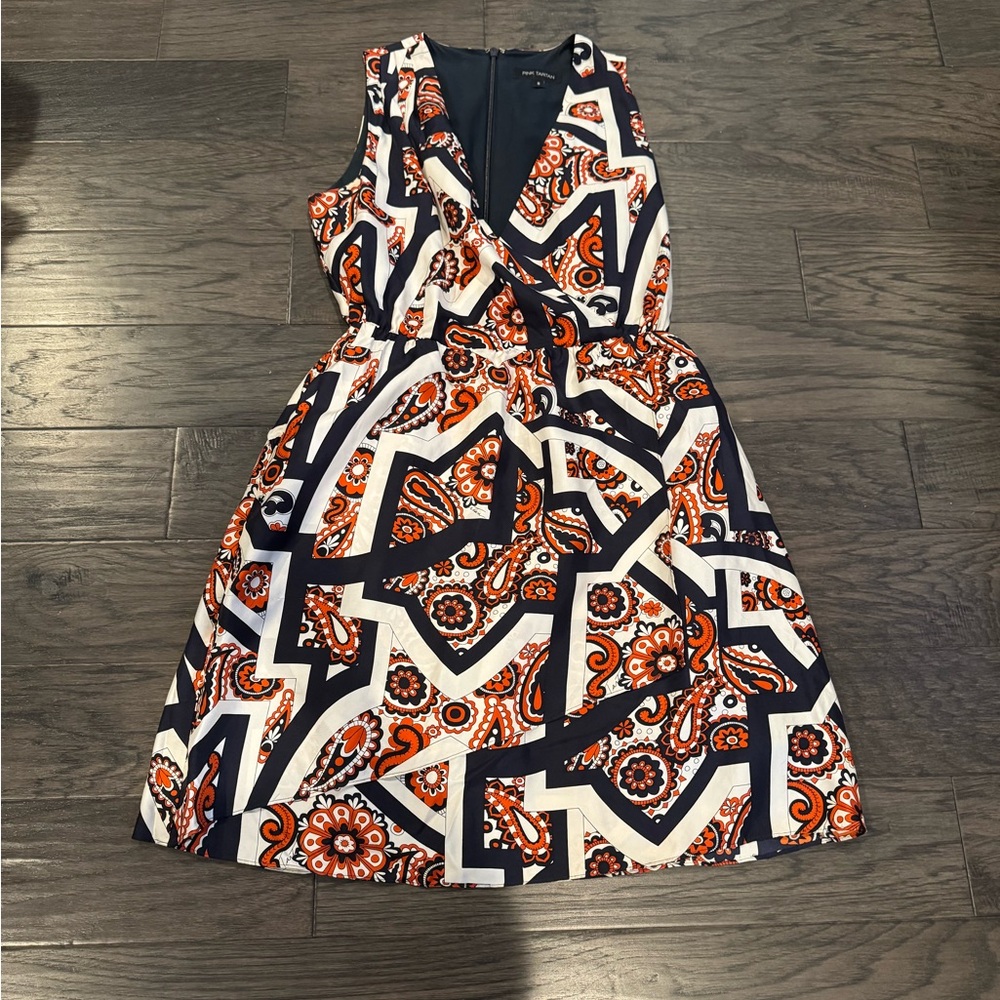 Pink Tartan Temple Print Silk Faux Wrap Navy Orange White Dress Size 8